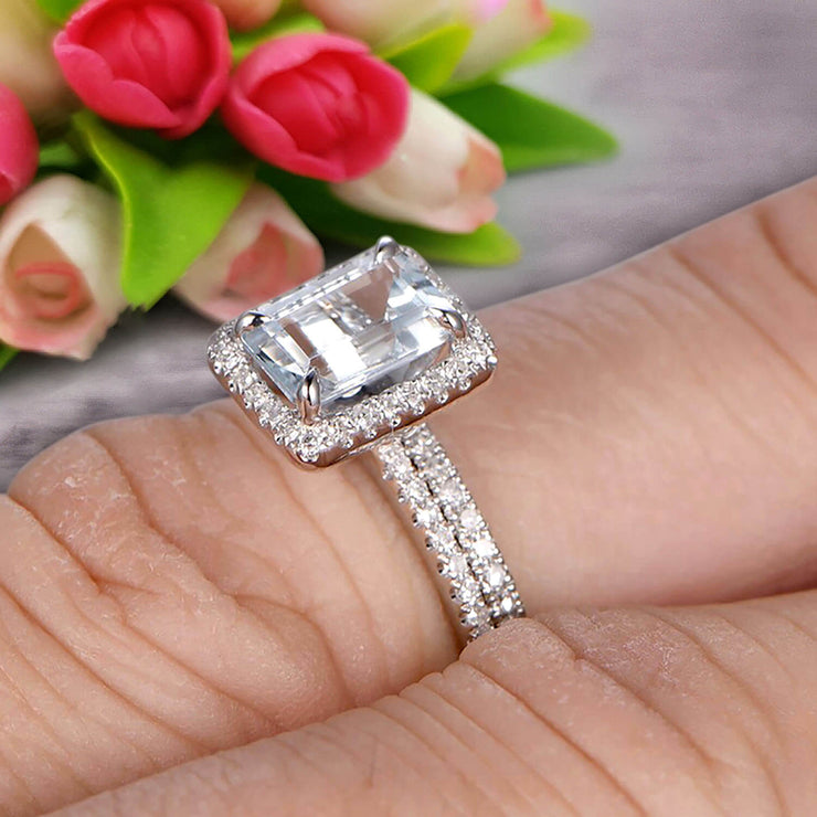 1.75 Carat Emerald Cut Wedding Set Aquamarine Engagement Ring With Matching Band On 10k White Gold