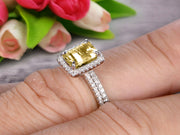 1.75 Carat Emerald Cut Wedding Set Champagne Diamond Moissanite Engagement Ring With Matching Band On 10k White Gold