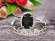 2 Carat Oval Cut Black Diamond Moissanite Wedding Anniversary Gift Engagement Ring On 10k White Gold With Matching Band Art Deco Vintage Look