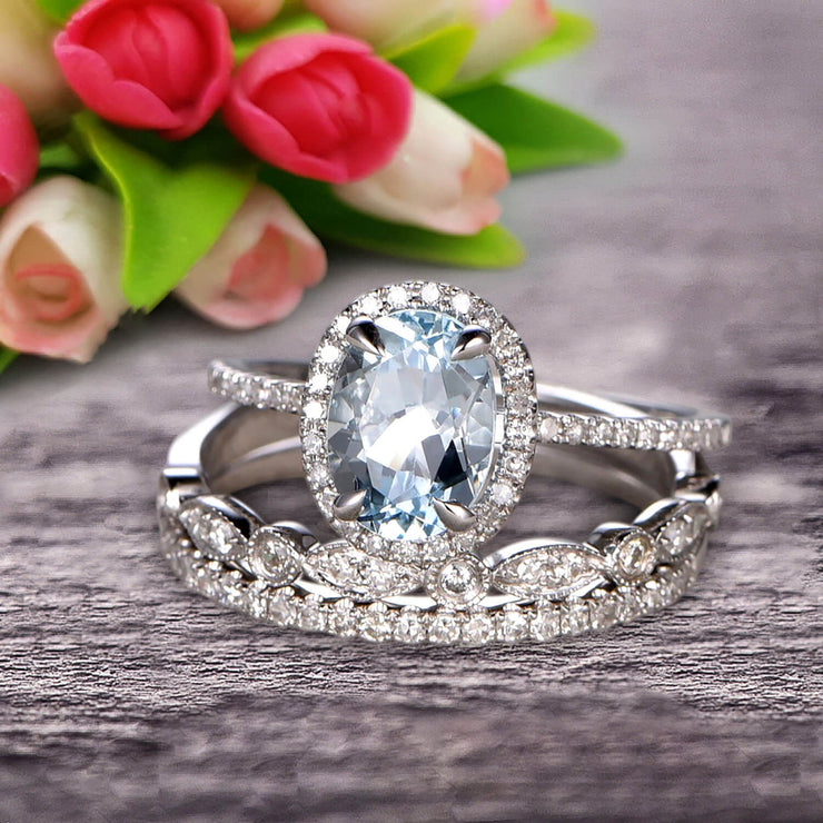 2 Carat Oval Cut Aquamarine Wedding Anniversary Gift Engagement Ring On 10k White Gold With Matching Band Art Deco Vintage Look