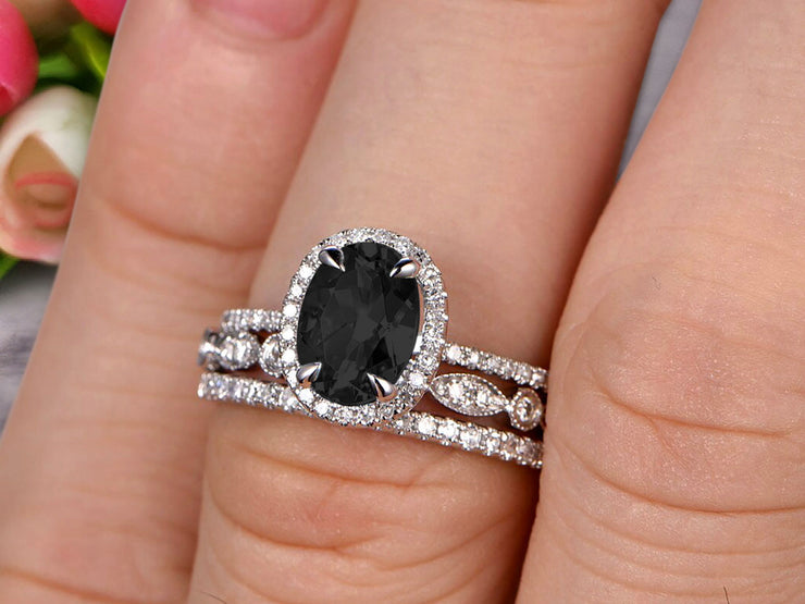 3 Carat Oval Cut Black Diamond Moissanite Wedding Anniversary Gift Engagement Ring On 10k White Gold With Matching Band Art Deco Vintage Look