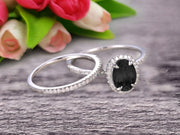 1.75 Carat Oval Cut Black Diamond Moissanite Wedding Anniversary Gift Bridal Set Engagement Ring On 10k White Gold With Matching Band Art Deco Vintage Look
