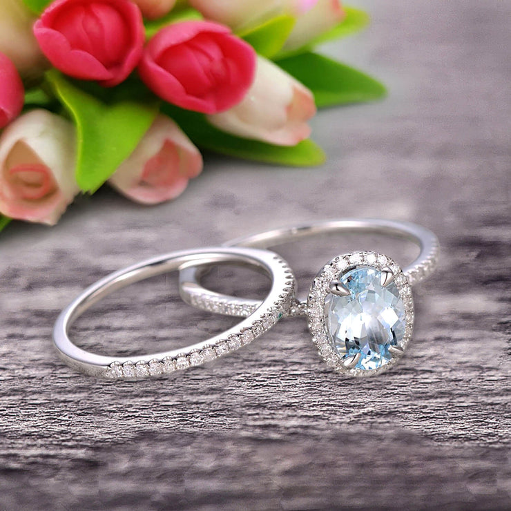1.75 Carat Oval Cut Aquamarine Wedding Anniversary Gift Bridal Set Engagement Ring On 10k White Gold With Matching Band Art Deco Vintage Look