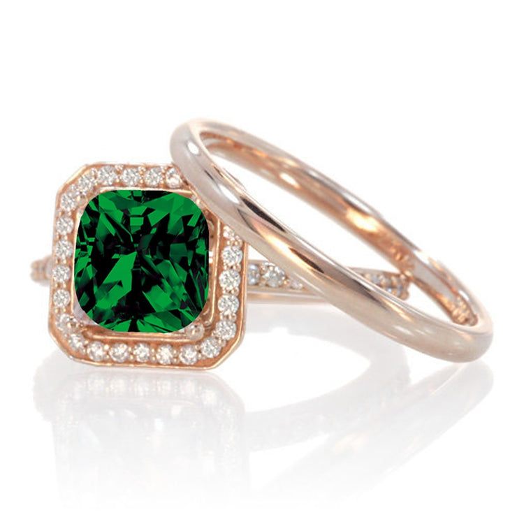1.5 Carat Bestselling Princess Halo Bridal Set with Emerald and Moissanite Diamond on 10k White Gold