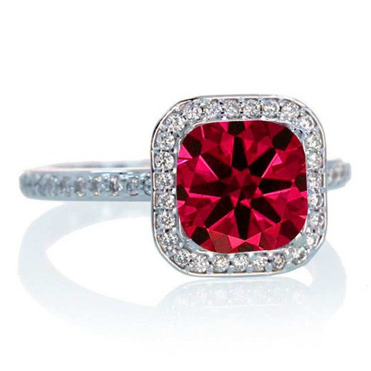 1.5 Carat Cushion Cut Classic Ruby and Moissanite Diamond Halo Multistone Engagement Ring on 10k White Gold