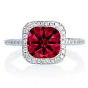 1.5 Carat Cushion Cut Classic Ruby and Moissanite Diamond Halo Multistone Engagement Ring on 10k White Gold
