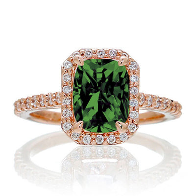 1.5 Carat Emerald Cut Emerald and Moissanite Diamond Halo Engagement Ring on 10k Rose Gold