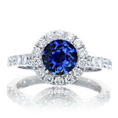 1.5 Carat Round Classic Halo Sapphire and Moissanite Diamond Engagment ring on 10k White Gold