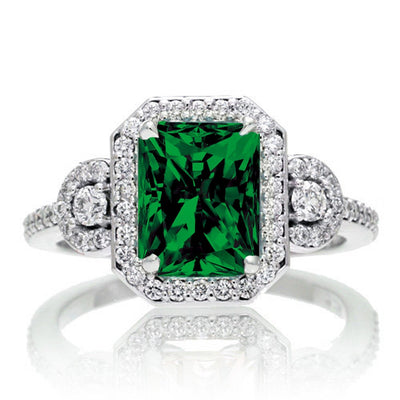 1.5 Carat Emerald Cut Three Stone Emerald Halo Moissanite Diamond Ring on 10k White Gold