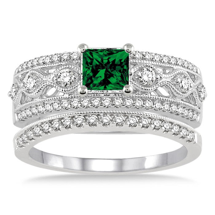 1.5 Carat Emerald Antique Bridal Set Engagement Ring on 10k White Gold