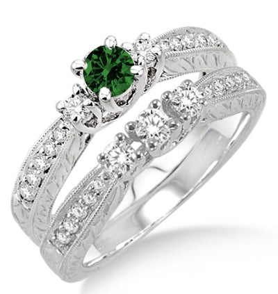 1.5 Carat Emerald Antique Bridal set on 10k White Gold