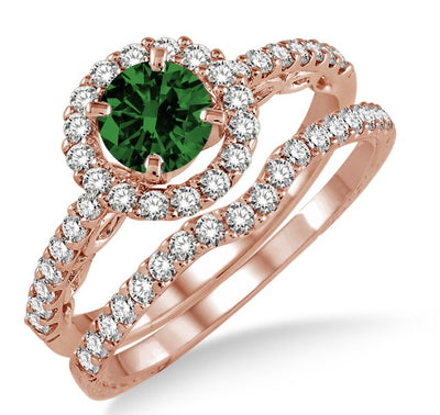 1.5 Carat Emerald Antique Floral Halo Bridal set on 10k Rose Gold