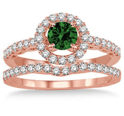 1.5 Carat Emerald Antique Floral Halo Bridal set on 10k Rose Gold