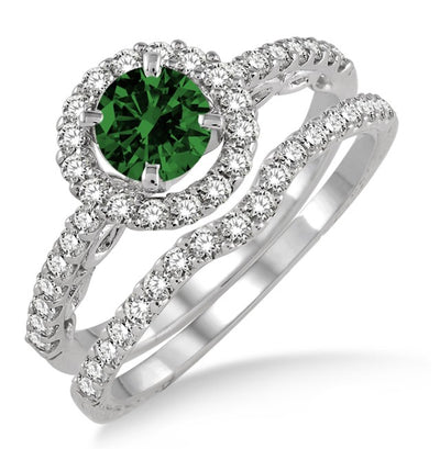 1.5 Carat Emerald Antique Floral Halo Bridal set on 10k White Gold