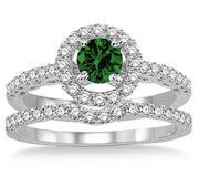 1.5 Carat Emerald Antique Floral Halo Bridal set on 10k White Gold