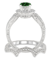 1.5 Carat Emerald Antique Halo Bridal Set Engagement Ring on 10k White Gold