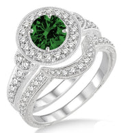 1.5 ct Emerald Antique Halo Bridal Set Engagement Ring on 10k White Gold