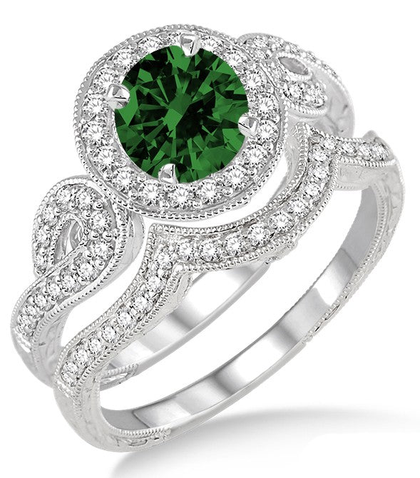 1.5 Carat Emerald Antique Halo Bridal Set Engagement Ring on 10k White Gold