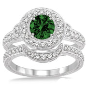 1.5 ct Emerald Antique Halo Bridal Set Engagement Ring on 10k White Gold