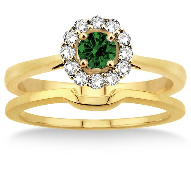 1.25 Carat Emerald Bridal set Halo on 10k Yellow Gold