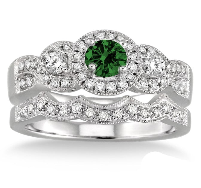 1.5 Carat Emerald Halo Bridal Set on 10k White Gold
