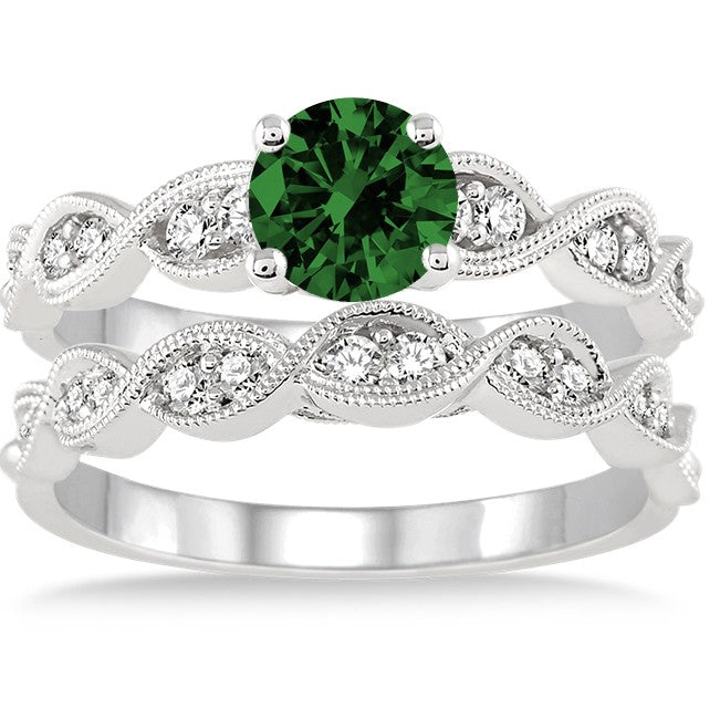 1.5 Carat Emerald inertwined Bridal setRound cut Moissanite Diamond on 10k White Gold