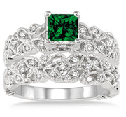 1.5 Carat Emerald Infinity Floral Antique Bridal setRound cut Moissanite Diamond on 10k White Gold