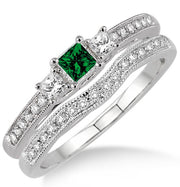 1.5 Carat Emerald Three Stone Bridal Set on 10k White Gold