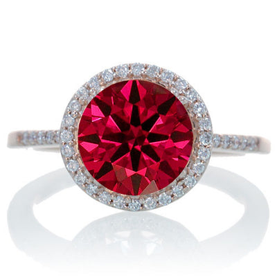 2.5 Carat Huge Ruby and Moissanite Diamond Halo Classic Engagement Ring on 10k Rose Gold