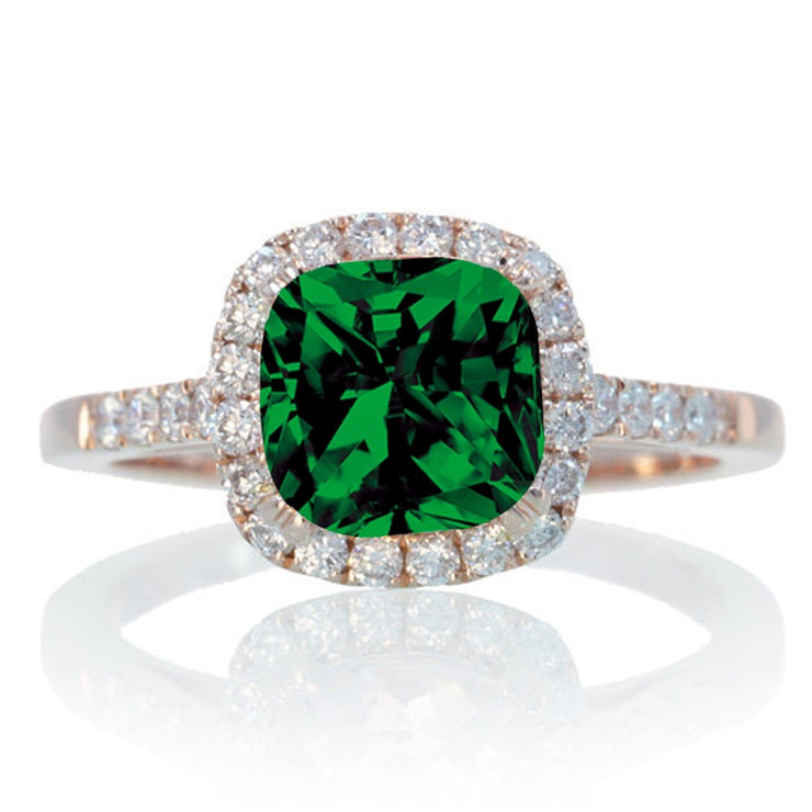 1.5 Carat Perfect Cushion Emerald and Moissanite Diamond Engagement Ring on 10k Rose Gold
