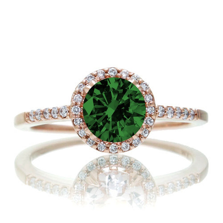1.5 Carat Round Classic Emerald and Moissanite Diamond Vintage Engagement Ring on 10k Rose Gold