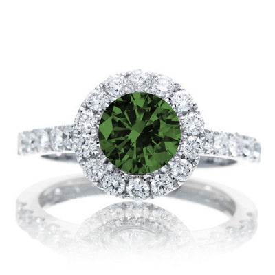 1.5 Carat Round Classic Halo Emerald and Moissanite Diamond Engagment ring on 10k White Gold