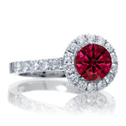 1.5 Carat Round Classic Halo Ruby and Moissanite Diamond Engagment ring on 10k White Gold