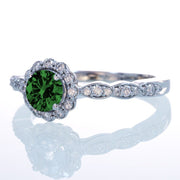1.5 Carat Round Cut Emerald and Moissanite Diamond Flower Vintage Designer Engagement Ring on 10k White Gold