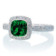 1.5 Carat Round Vintage Emerald and Moissanite Diamond Halo Wedding Ring on 10k White Gold
