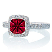 1.5 Carat Round Vintage Ruby and Moissanite Diamond Halo Wedding Ring on 10k White Gold
