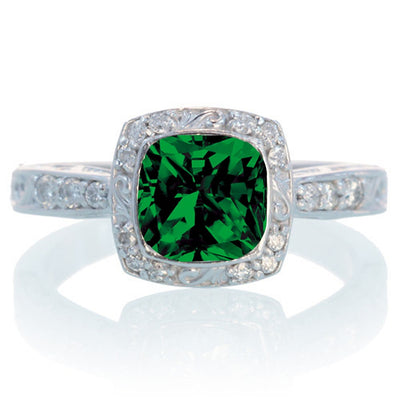 1.5 Carat Round Vintage Emerald and Moissanite Diamond Halo Wedding Ring on 10k White Gold