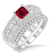 1.5 Carat Ruby Antique Bridal Set Engagement Ring on 10k White Gold