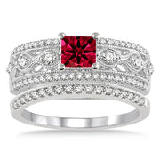 1.5 Carat Ruby Antique Bridal Set Engagement Ring on 10k White Gold