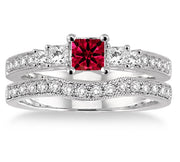 1.5 Carat Ruby Antique Bridal set Halo Ring on 10k White Gold