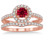 1.5 Carat Ruby Antique Floral Halo Bridal set on 10k Rose Gold