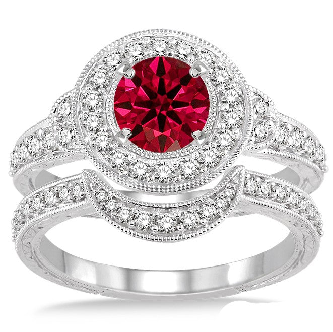 1.50 Carat Ruby Antique Halo Bridal Set Engagement Ring on 10k White Gold