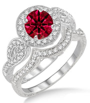 1.5 Carat Ruby Antique Halo Bridal Set Engagement Ring on 10k White Gold