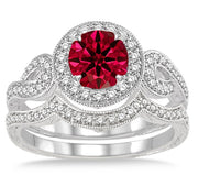 1.5 Carat Ruby Antique Halo Bridal Set Engagement Ring on 10k White Gold