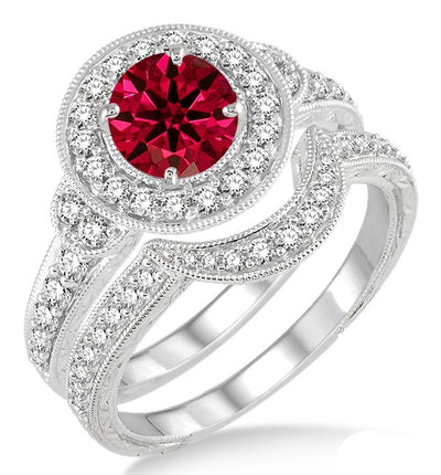 1.50 Carat Ruby Antique Halo Bridal Set Engagement Ring on 10k White Gold