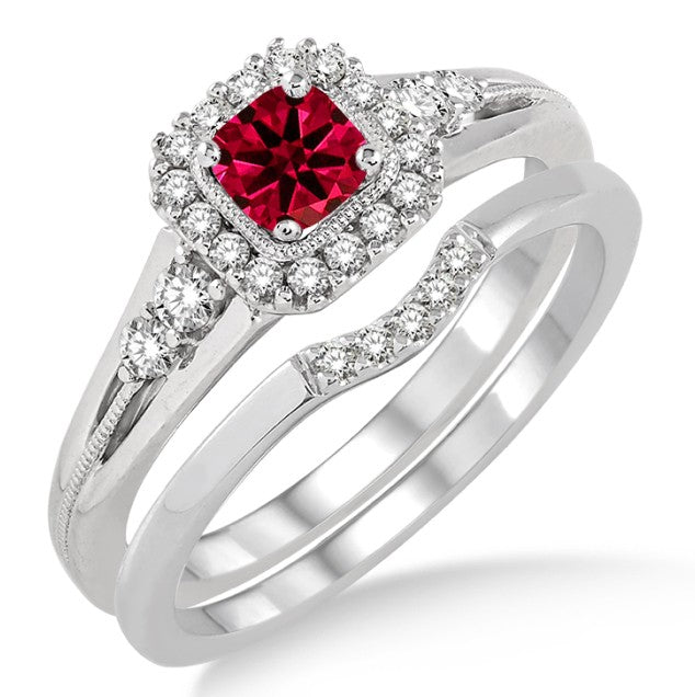 1.5 Carat Ruby Bridal Set Halo Engagement Ring Bridal Set on 10k White Gold