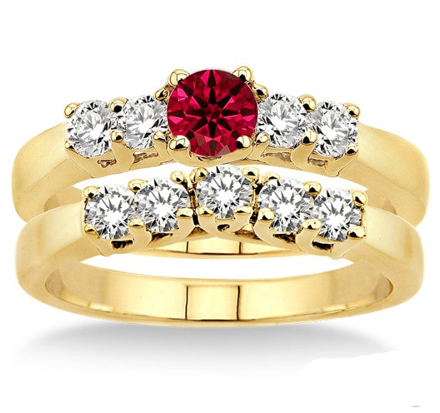 1.5 Carat Ruby Five Stone Bridal Set on 10k Yellow Gold