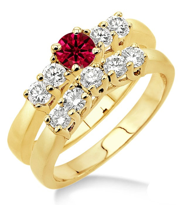 1.5 Carat Ruby Five Stone Bridal Set on 10k Yellow Gold