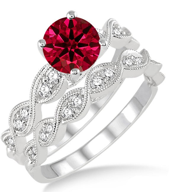 1.5 Carat Ruby inertwined Bridal setRound cut Moissanite Diamond on 10k White Gold