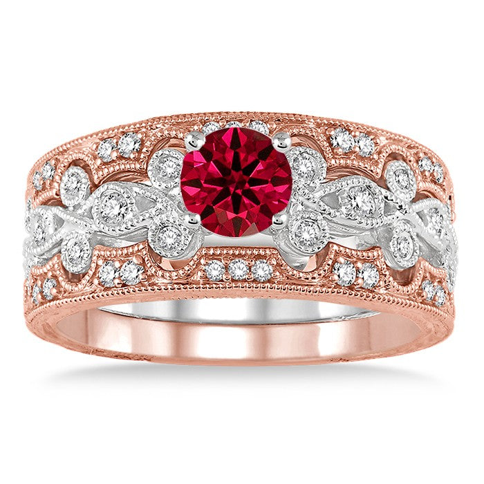 1.5 Carat Ruby Vintage Trio Bridal Set Engagement Ring on 10k White Gold